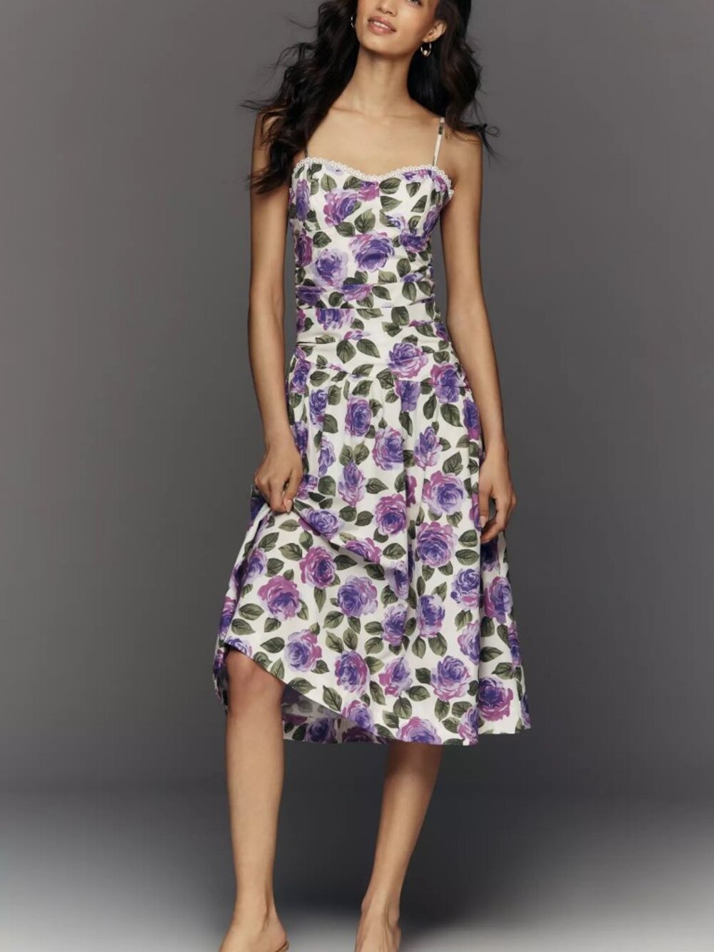 NEW Anthropologie Maeve Cotton Printed ALine Midi Dress M Purple Floral NWT $178